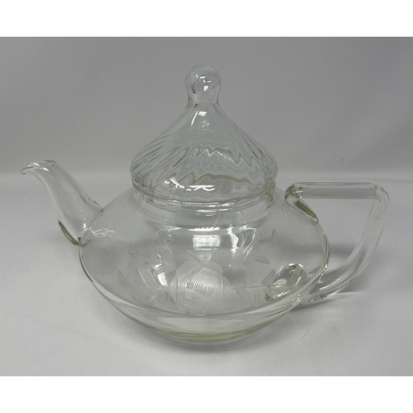 Vintage Clear Etched Glass Pyrex Tea Teapot Kettle Flower Leaves Etching - Picture 2 of 16